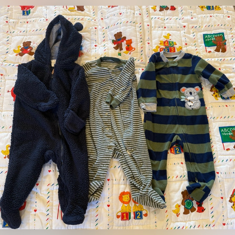 3 footies. One Sherpa teddy bear outfit